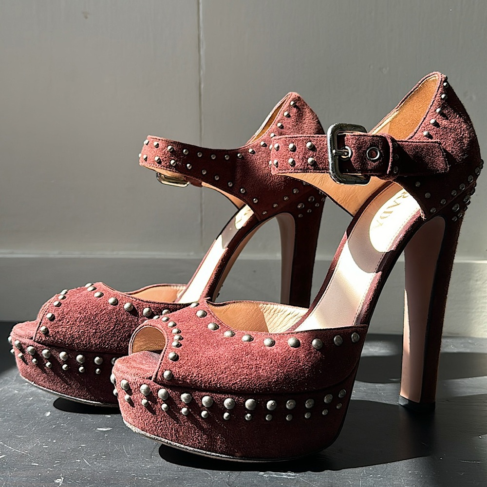 Prada Burgundy Suede Studded Heel Size 40
